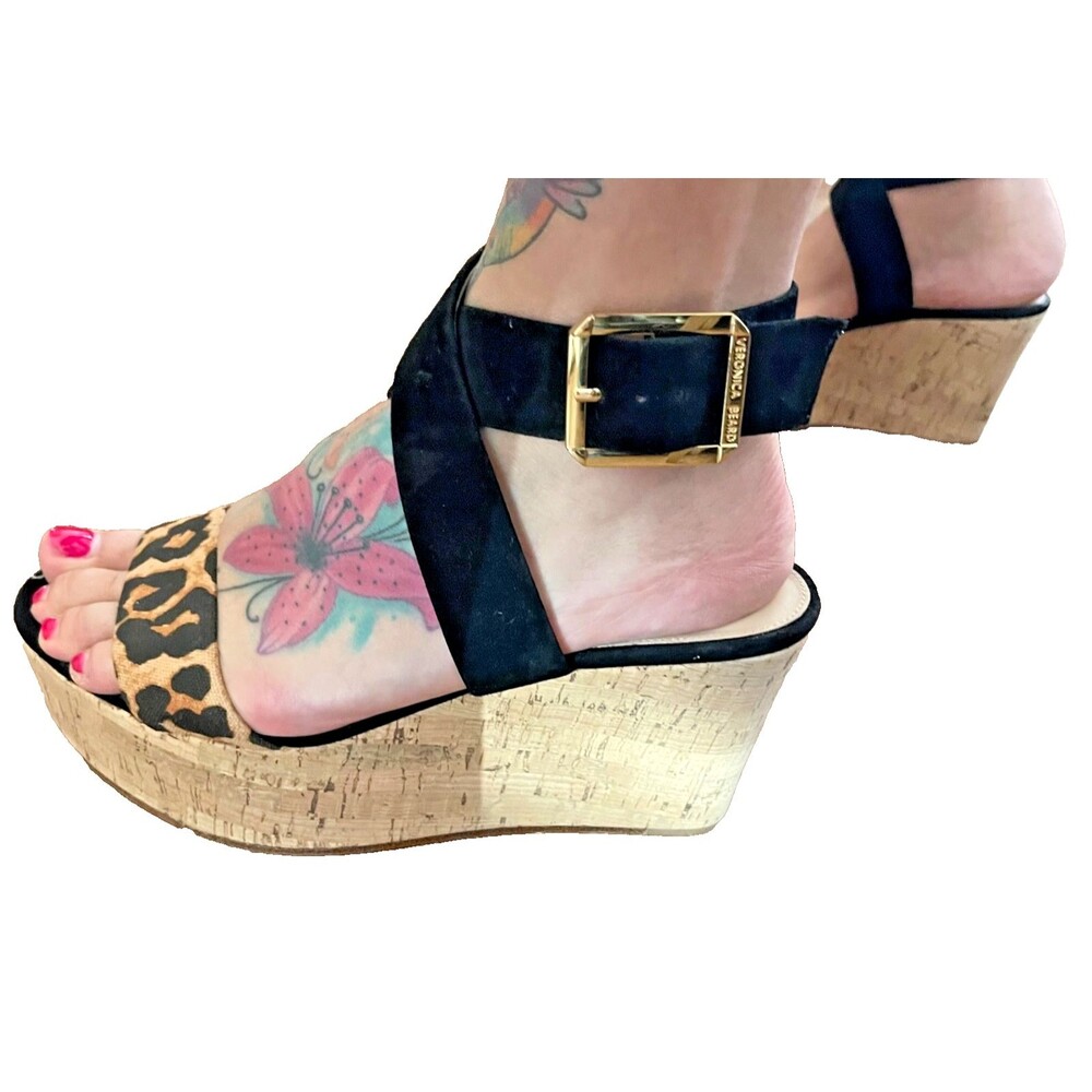 Veronica Beard Hurley Cross Ankle Strap Platform Wedge Sandal Leopard Print 8M - Picture 8 of 8